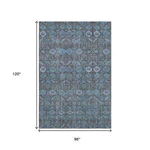 HomeRoots 8' X 10' Teal and Gray Tribal Washable Area Rug – Durable, Stain-Resistant, UV-Protected Floor Covering 649910