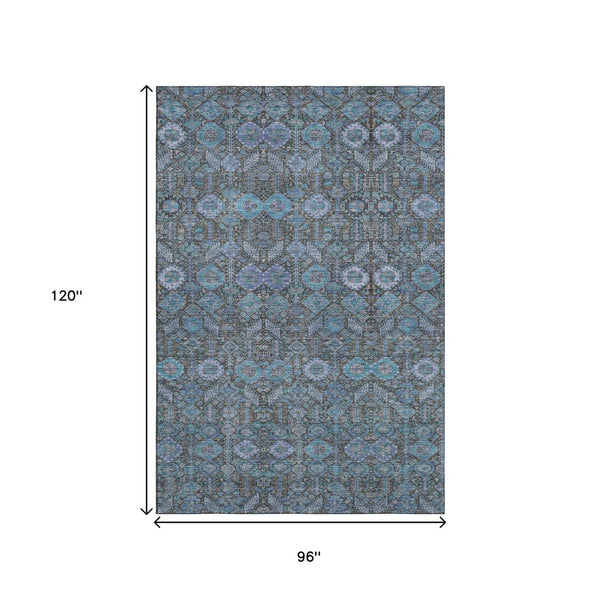 HomeRoots 8' X 10' Teal and Gray Tribal Washable Area Rug – Durable, Stain-Resistant, UV-Protected Floor Covering 649910