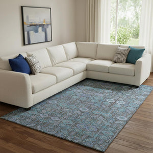 HomeRoots 8' X 10' Teal and Gray Tribal Washable Area Rug – Durable, Stain-Resistant, UV-Protected Floor Covering 649910