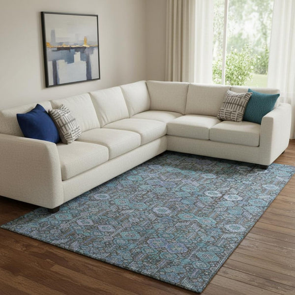 HomeRoots 8' X 10' Teal and Gray Tribal Washable Area Rug – Durable, Stain-Resistant, UV-Protected Floor Covering 649910