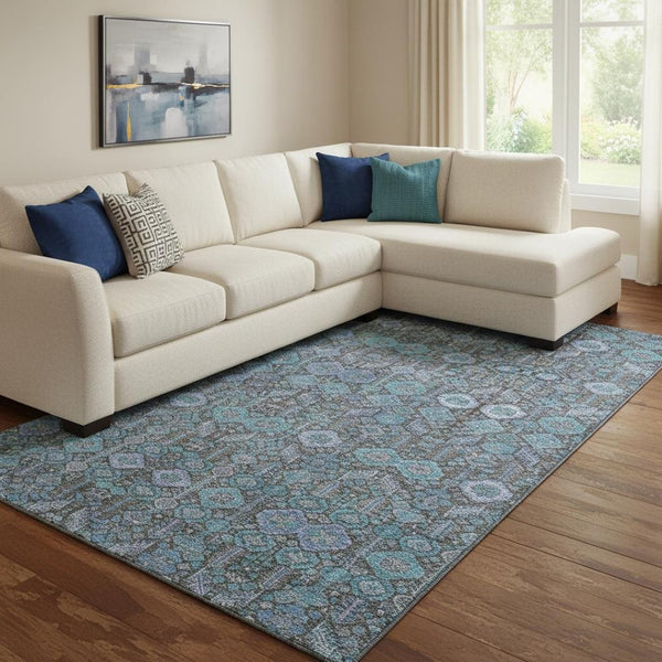 HomeRoots 9' X 12' Stylish Teal & Gray Tribal Washable Area Rug with UV Protection for High-Traffic Spaces 649911