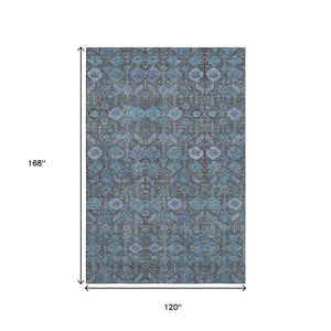 HomeRoots 10' X 14' Teal & Gray Tribal Washable Area Rug with UV Protection – Perfect for High-Traffic Spaces! 649912