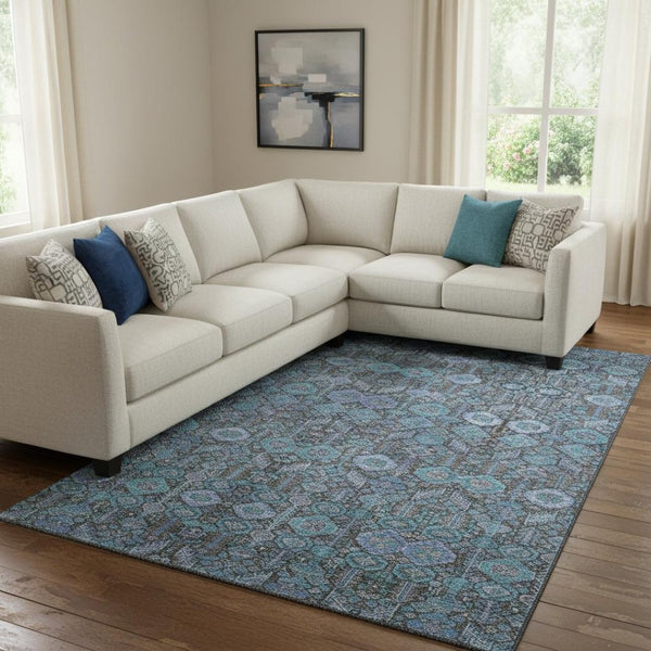 HomeRoots 10' X 14' Teal & Gray Tribal Washable Area Rug with UV Protection – Perfect for High-Traffic Spaces! 649912