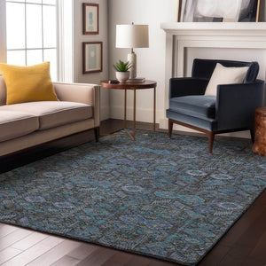 HomeRoots 10' X 14' Teal & Gray Tribal Washable Area Rug with UV Protection – Perfect for High-Traffic Spaces! 649912