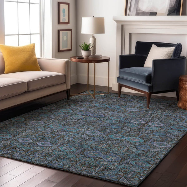 HomeRoots 10' X 14' Teal & Gray Tribal Washable Area Rug with UV Protection – Perfect for High-Traffic Spaces! 649912