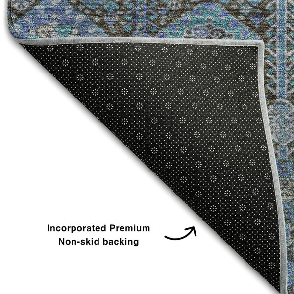 HomeRoots 10' X 14' Teal & Gray Tribal Washable Area Rug with UV Protection – Perfect for High-Traffic Spaces! 649912