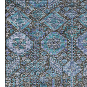 HomeRoots 10' X 14' Teal & Gray Tribal Washable Area Rug with UV Protection – Perfect for High-Traffic Spaces! 649912