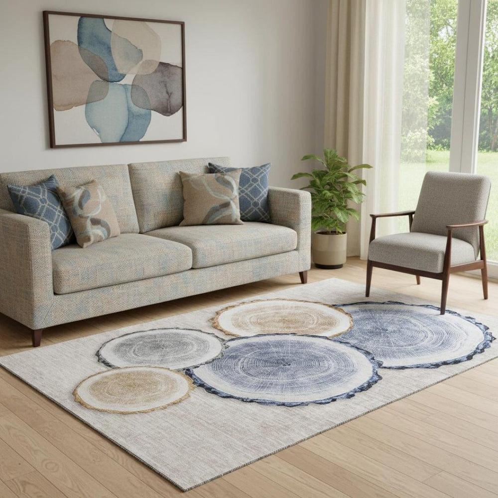 HomeRoots 5' X 8' Woodland Lodge Area Rug - Beige, Blue & Ivory, Washable, Stain Resistant, UV Protected Comfort 649914