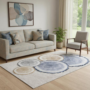 HomeRoots 5' X 8' Woodland Lodge Area Rug - Beige, Blue & Ivory, Washable, Stain Resistant, UV Protected Comfort 649914