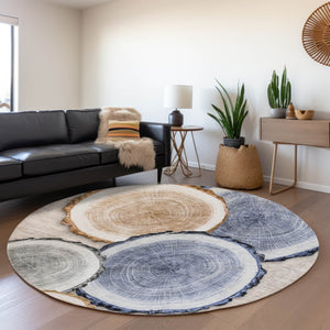 HomeRoots 8' Beige Blue and Ivory Woodland Lodge Round Rug - Washable, UV Protected, Kid & Pet Friendly Comfort 649915