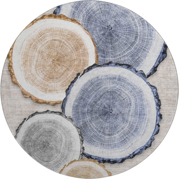 HomeRoots 8' Beige Blue and Ivory Woodland Lodge Round Rug - Washable, UV Protected, Kid & Pet Friendly Comfort 649915