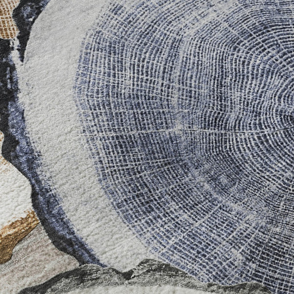 HomeRoots 8' Beige Blue and Ivory Woodland Lodge Round Rug - Washable, UV Protected, Kid & Pet Friendly Comfort 649915