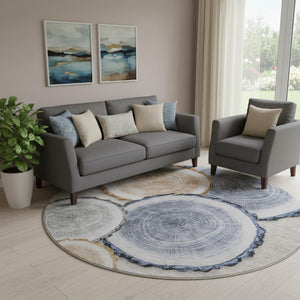 HomeRoots 8' Beige Blue and Ivory Woodland Lodge Round Rug - Washable, UV Protected, Kid & Pet Friendly Comfort 649915