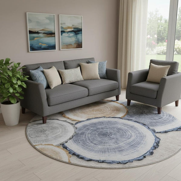 HomeRoots 8' Beige Blue and Ivory Woodland Lodge Round Rug - Washable, UV Protected, Kid & Pet Friendly Comfort 649915