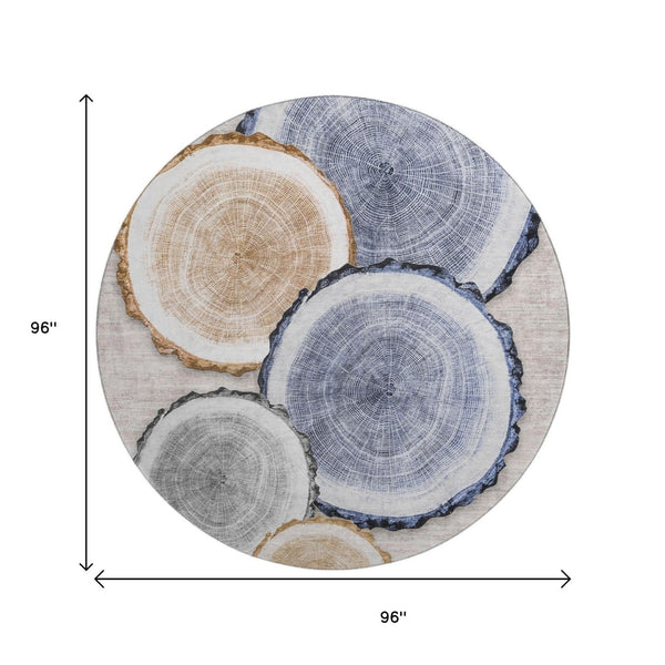 HomeRoots 8' Beige Blue and Ivory Woodland Lodge Round Rug - Washable, UV Protected, Kid & Pet Friendly Comfort 649915