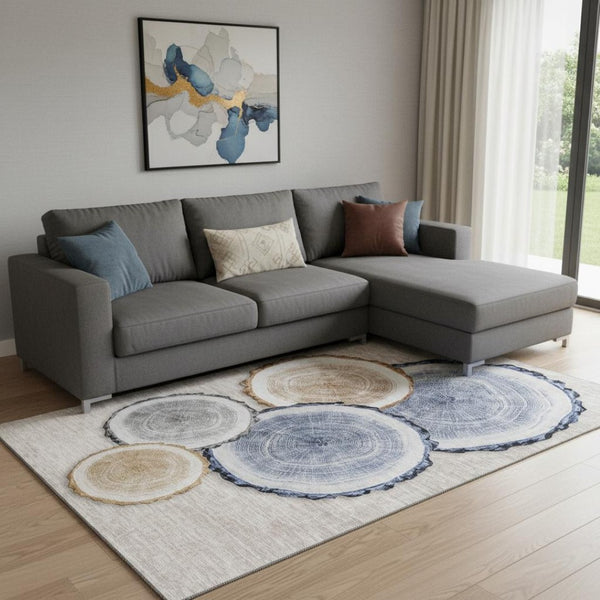 HomeRoots 8' X 10' Washable Area Rug in Beige, Blue & Ivory - Durable, Stain-Resistant with UV Protection 649916