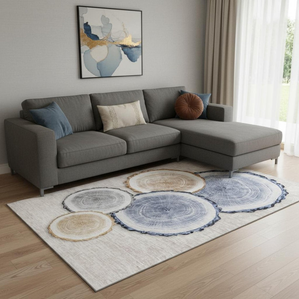 HomeRoots 9' X 12' Woodland Lodge Washable Area Rug - Beige, Blue, Ivory with UV Protection & Stain Resistance 649917