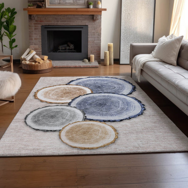 HomeRoots 9' X 12' Woodland Lodge Washable Area Rug - Beige, Blue, Ivory with UV Protection & Stain Resistance 649917