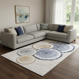 HomeRoots 10' Washable Beige, Blue & Ivory Woodland Lodge Area Rug – Durable, UV-Protected for Busy Homes! 649918