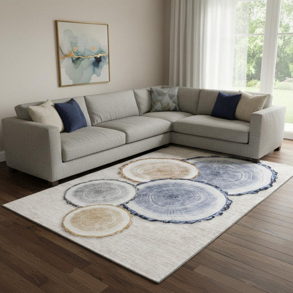 HomeRoots 10' Washable Beige, Blue & Ivory Woodland Lodge Area Rug – Durable, UV-Protected for Busy Homes! 649918