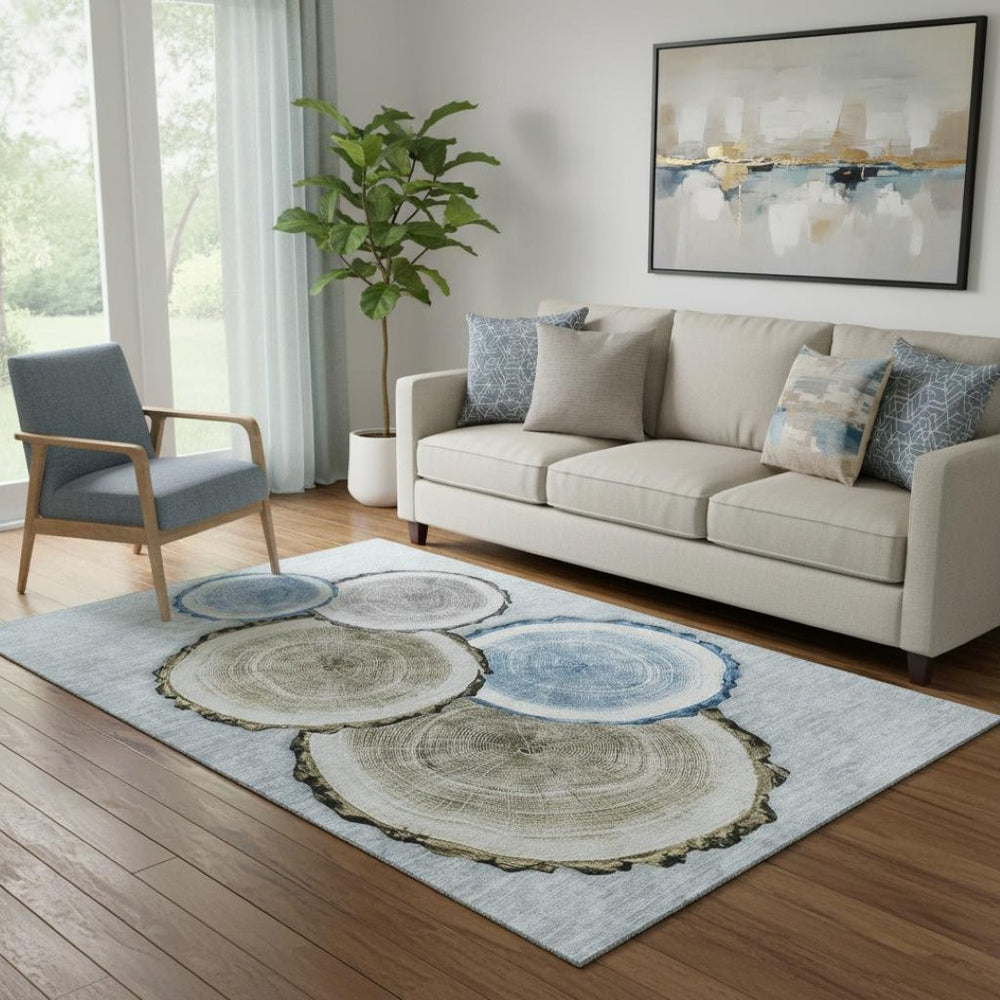 HomeRoots 5' X 8' Woodland Lodge Area Rug - Blue, Brown, Ivory, Washable, UV Protected, Stain-Resistant Design 649920