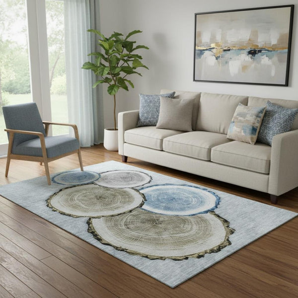 HomeRoots 5' X 8' Woodland Lodge Area Rug - Blue, Brown, Ivory, Washable, UV Protected, Stain-Resistant Design 649920