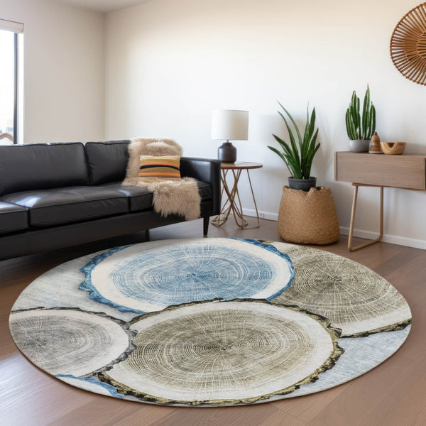 HomeRoots 8' Woodland Lodge Round Rug in Blue, Brown & Ivory - Washable, UV Protected, Stain Resistant Comfort 649921