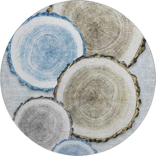 HomeRoots 8' Woodland Lodge Round Rug in Blue, Brown & Ivory - Washable, UV Protected, Stain Resistant Comfort 649921