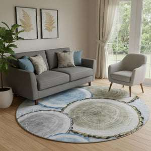 HomeRoots 8' Woodland Lodge Round Rug in Blue, Brown & Ivory - Washable, UV Protected, Stain Resistant Comfort 649921