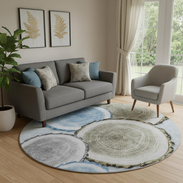 HomeRoots 8' Woodland Lodge Round Rug in Blue, Brown & Ivory - Washable, UV Protected, Stain Resistant Comfort 649921