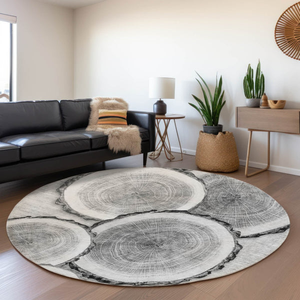 HomeRoots 8' Cozy Gray and Ivory Woodland Lodge Washable Round Rug with UV Protection for Busy Homes 649927
