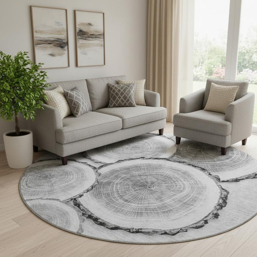 HomeRoots 8' Cozy Gray and Ivory Woodland Lodge Washable Round Rug with UV Protection for Busy Homes 649927
