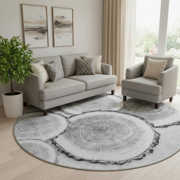 HomeRoots 8' Cozy Gray and Ivory Woodland Lodge Washable Round Rug with UV Protection for Busy Homes 649927