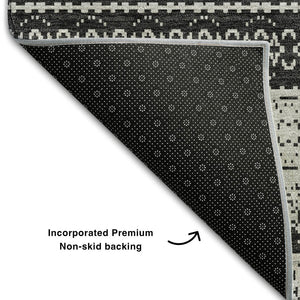 HomeRoots 5' X 8' Striped Washable Area Rug - Durable Black & Ivory Design with UV Protection for High Traffic Areas 649932