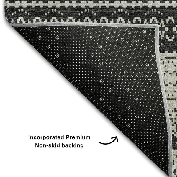 HomeRoots 5' X 8' Striped Washable Area Rug - Durable Black & Ivory Design with UV Protection for High Traffic Areas 649932