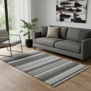 HomeRoots 5' X 8' Striped Washable Area Rug - Durable Black & Ivory Design with UV Protection for High Traffic Areas 649932