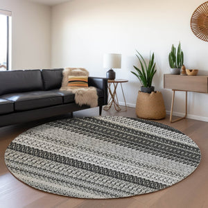 HomeRoots 8' Black And Ivory Striped Round Rug - Stylish, Washable, UV-Protected for High-Traffic Areas 649933