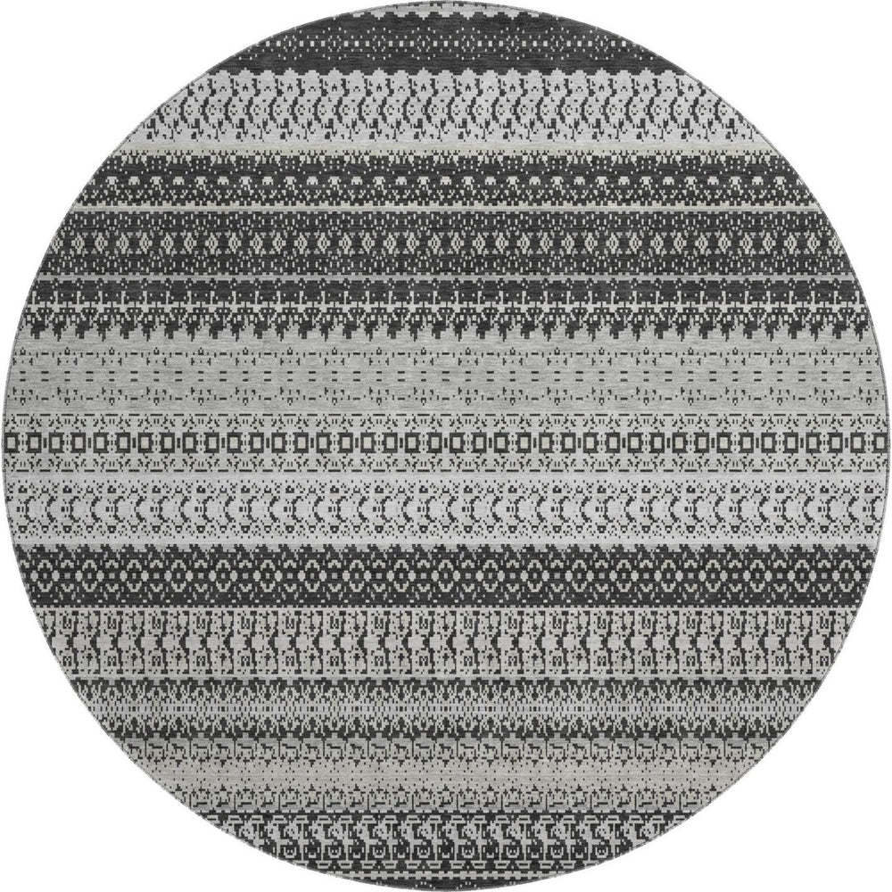 HomeRoots 8' Black And Ivory Striped Round Rug - Stylish, Washable, UV-Protected for High-Traffic Areas 649933