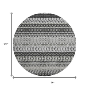 HomeRoots 8' Black And Ivory Striped Round Rug - Stylish, Washable, UV-Protected for High-Traffic Areas 649933