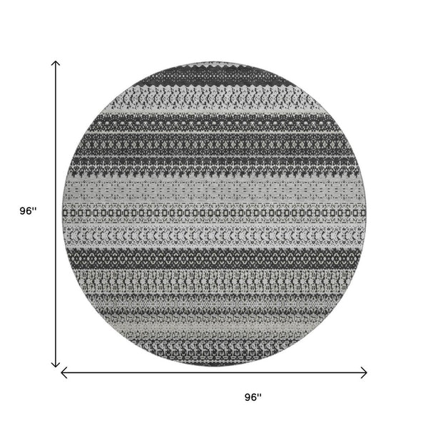 HomeRoots 8' Black And Ivory Striped Round Rug - Stylish, Washable, UV-Protected for High-Traffic Areas 649933