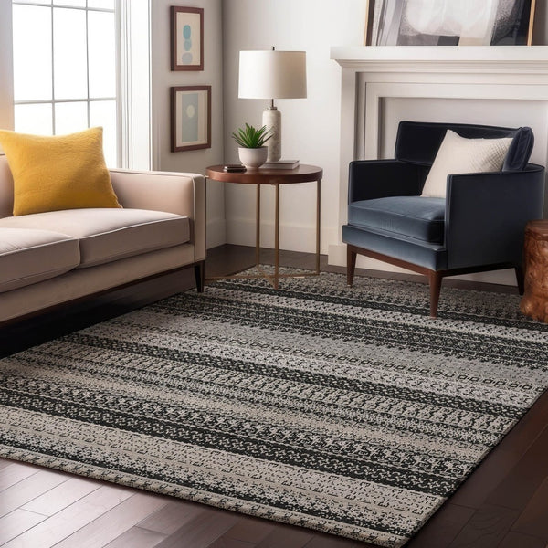 HomeRoots 8' X 10' Stylish Black and Ivory Striped Area Rug – Washable, UV Protected, Perfect for Homes! 649934