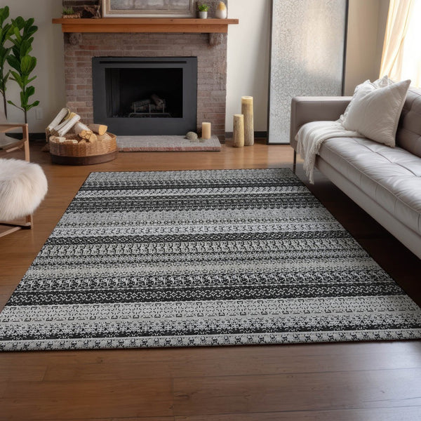 HomeRoots 8' X 10' Stylish Black and Ivory Striped Area Rug – Washable, UV Protected, Perfect for Homes! 649934