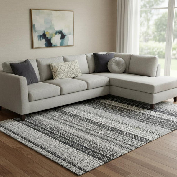 HomeRoots 9' X 12' Black And Ivory Striped Washable Area Rug - Durable, UV-Protected, Easy-Clean for Every Room 649935