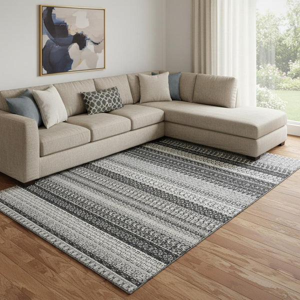 HomeRoots 10' X 14' Oversized Black and Ivory Striped Washable Area Rug with UV Protection for Busy Homes 649936