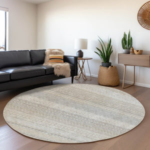 HomeRoots 8' Ivory and Beige Striped Washable Round Rug - Stain Resistant, UV Protected, Perfect for Any Space 649939