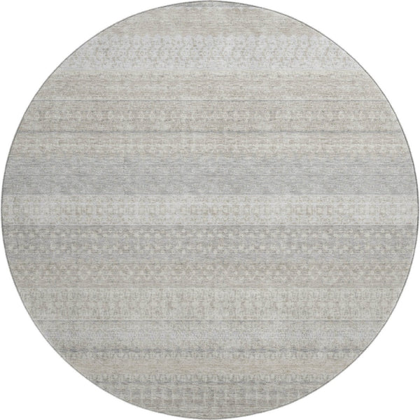 HomeRoots 8' Ivory and Beige Striped Washable Round Rug - Stain Resistant, UV Protected, Perfect for Any Space 649939