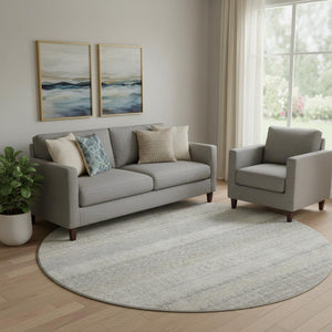 HomeRoots 8' Ivory and Beige Striped Washable Round Rug - Stain Resistant, UV Protected, Perfect for Any Space 649939