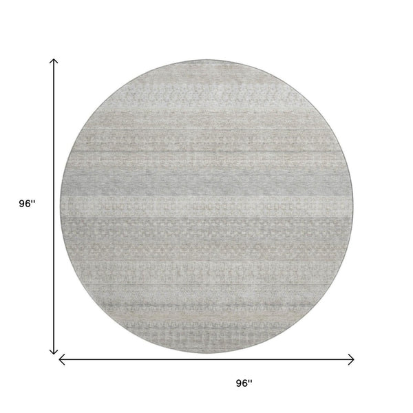 HomeRoots 8' Ivory and Beige Striped Washable Round Rug - Stain Resistant, UV Protected, Perfect for Any Space 649939