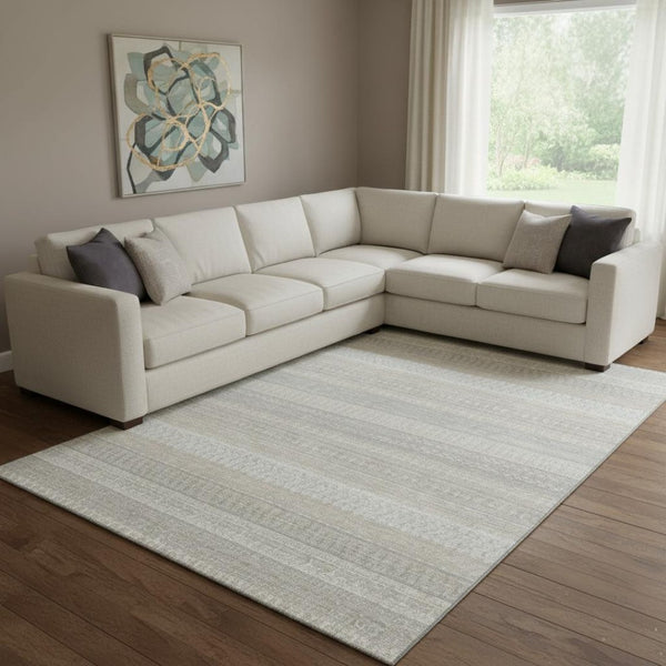 HomeRoots 8' X 10' Ivory and Beige Striped Washable Area Rug with UV Protection for High-Traffic Spaces 649940