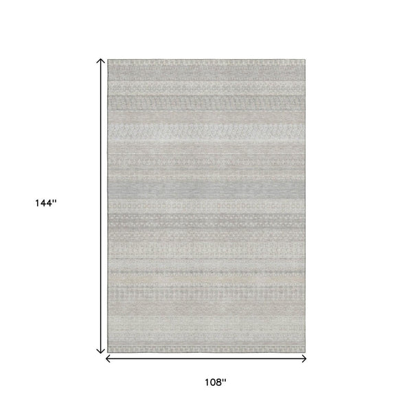 HomeRoots 9' X 12' Washable Ivory & Beige Striped Area Rug - Durable, UV-Protected, Stain-Resistant Design 649941